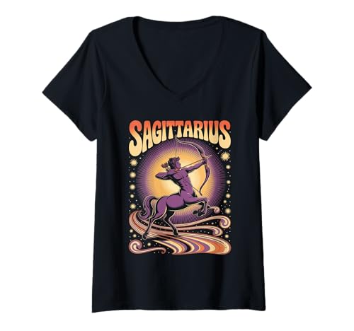 Damen Retro Sternzeichen Schütze T-Shirt mit V-Ausschnitt Damen Retro Sternzeichen Schütze T-Shirt mit V-Ausschnitt von Color Mood Bored