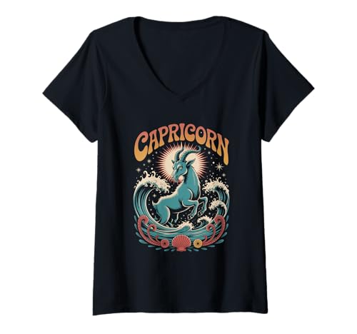 Damen Retro Sternzeichen Steinbock T-Shirt mit V-Ausschnitt Damen Retro Sternzeichen Steinbock T-Shirt mit V-Ausschnitt von Color Mood Bored