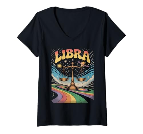 Damen Retro Waage Sternzeichen T-Shirt mit V-Ausschnitt Damen Retro Waage Sternzeichen T-Shirt mit V-Ausschnitt von Color Mood Bored