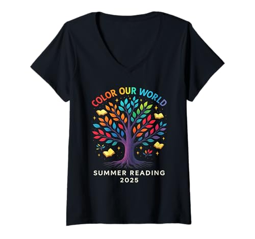 Damen Color Our World Sommerleseprogramm 2025 — Trippy Book Tree T-Shirt mit V-Ausschnitt Damen Color Our World Sommerleseprogramm 2025 — Trippy Book Tree T-Shirt mit V-Ausschnitt von Color Our World Reading Tree Designs