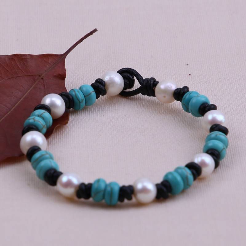 Handgeknüpfte Süßwasser Perle Armband, Türkis-Armband, Natürlichen Stein Schmuck, Blaue Perlen Handgemachte Frauen 8" B009 von ColorAngle