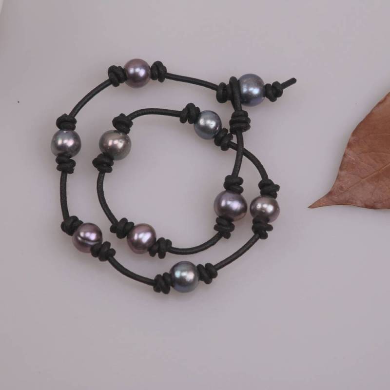 Schwarz Geknotet Perle Leder Halsband Halskette, 16 18 Zoll Pfau Blau Kultiviert Süßwasser Perlen Schmuck Auf Echtes Handgefertigt von ColorAngle