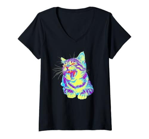 Damen Roaring Cat Pop Art Retro Grafik Kunst für Katzenliebhaber T-Shirt mit V-Ausschnitt Damen Roaring Cat Pop Art Retro Grafik Kunst für Katzenliebhaber T-Shirt mit V-Ausschnitt von ColorBurst Creatives