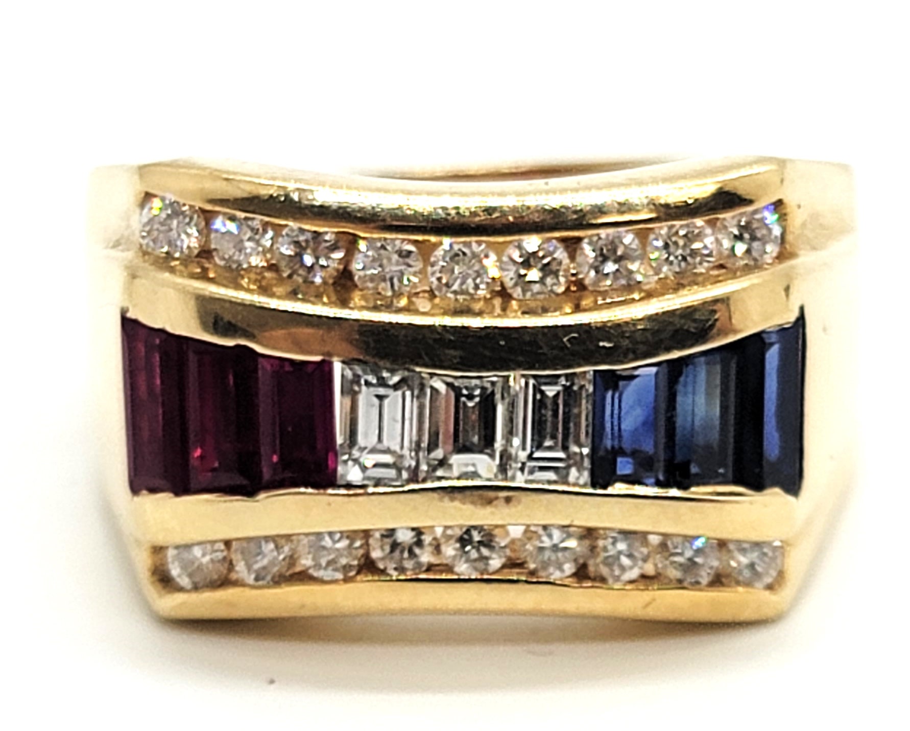 14K Gelbgold Diamant 0.55Ct & Saphir Und Rubin Handgemachter Herrenring Größe 10.75 von ColorCoutureJewels