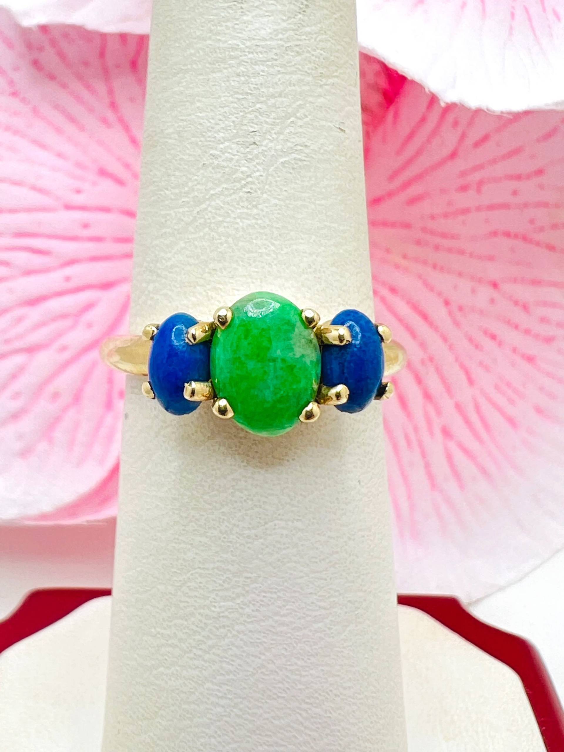 14K Gelbgold Lapis & Jade Ring Größe 6, 5 von ColorCoutureJewels