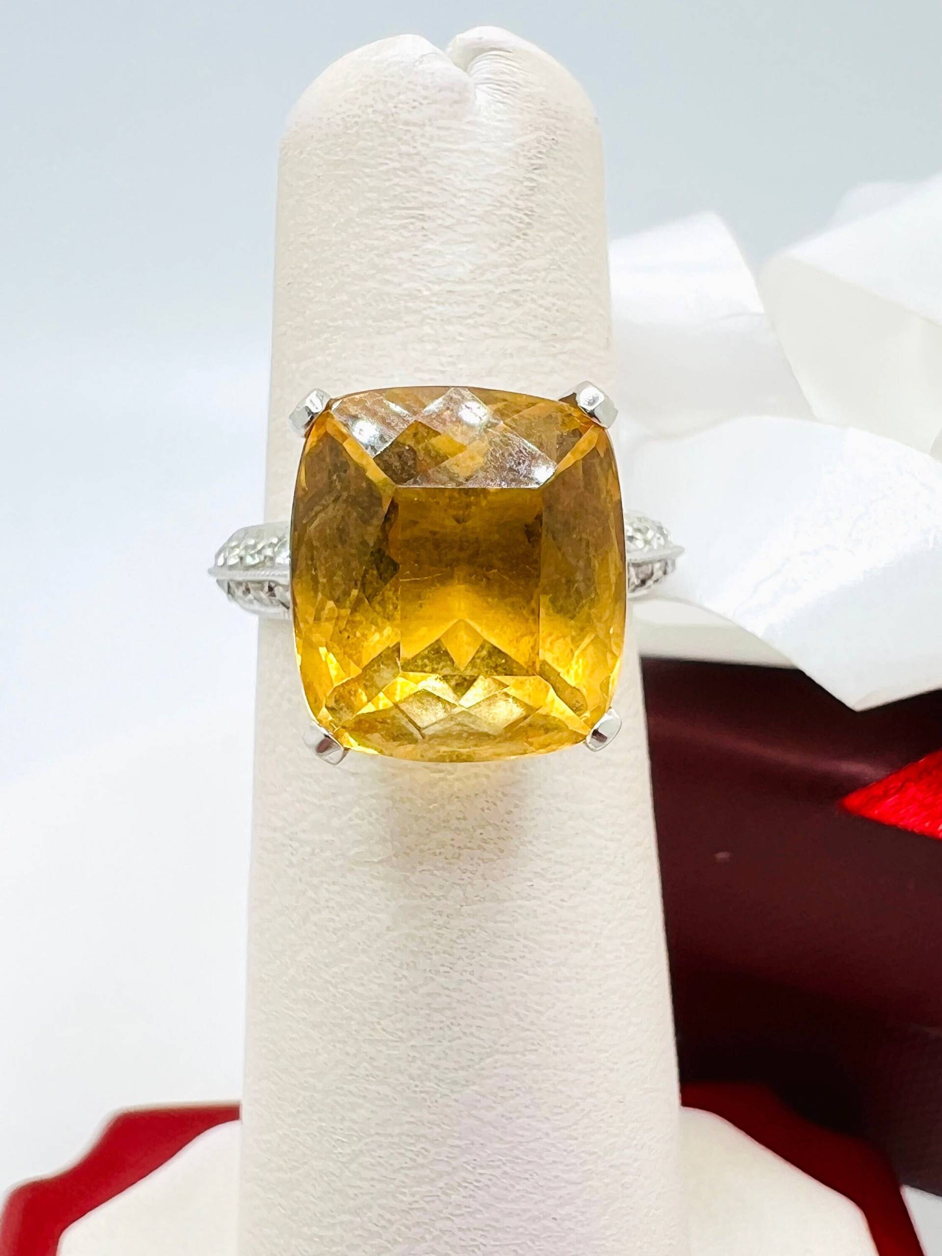 14K Weißgold Citrin & Diamant 0.25Ct Cocktail Ring Größe 5 Ungefähr von ColorCoutureJewels