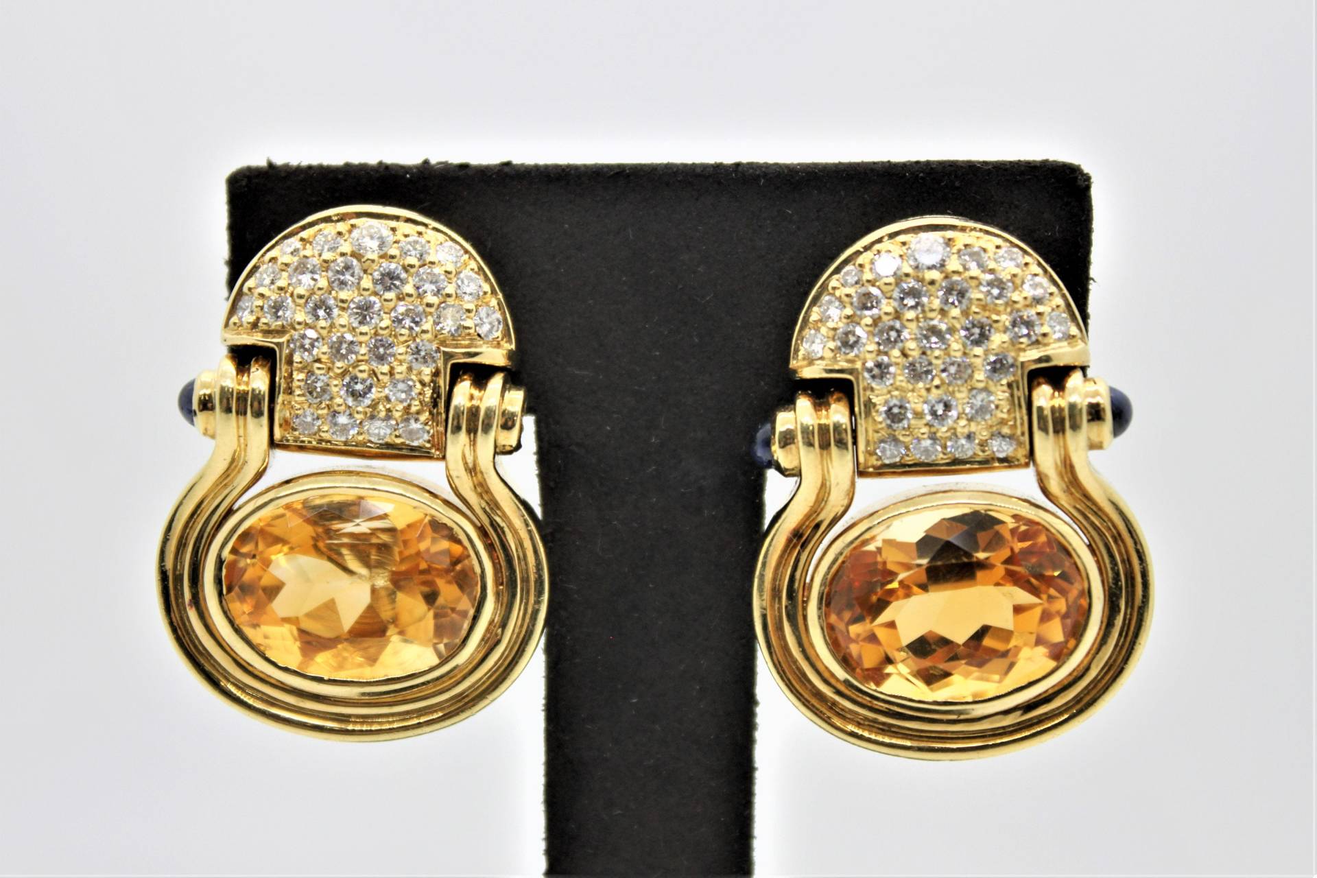 18K Gelbgold 22 Karat Citrin Diamant Cabochon Saphir Ohrclips Keine Peircings Nötig von ColorCoutureJewels