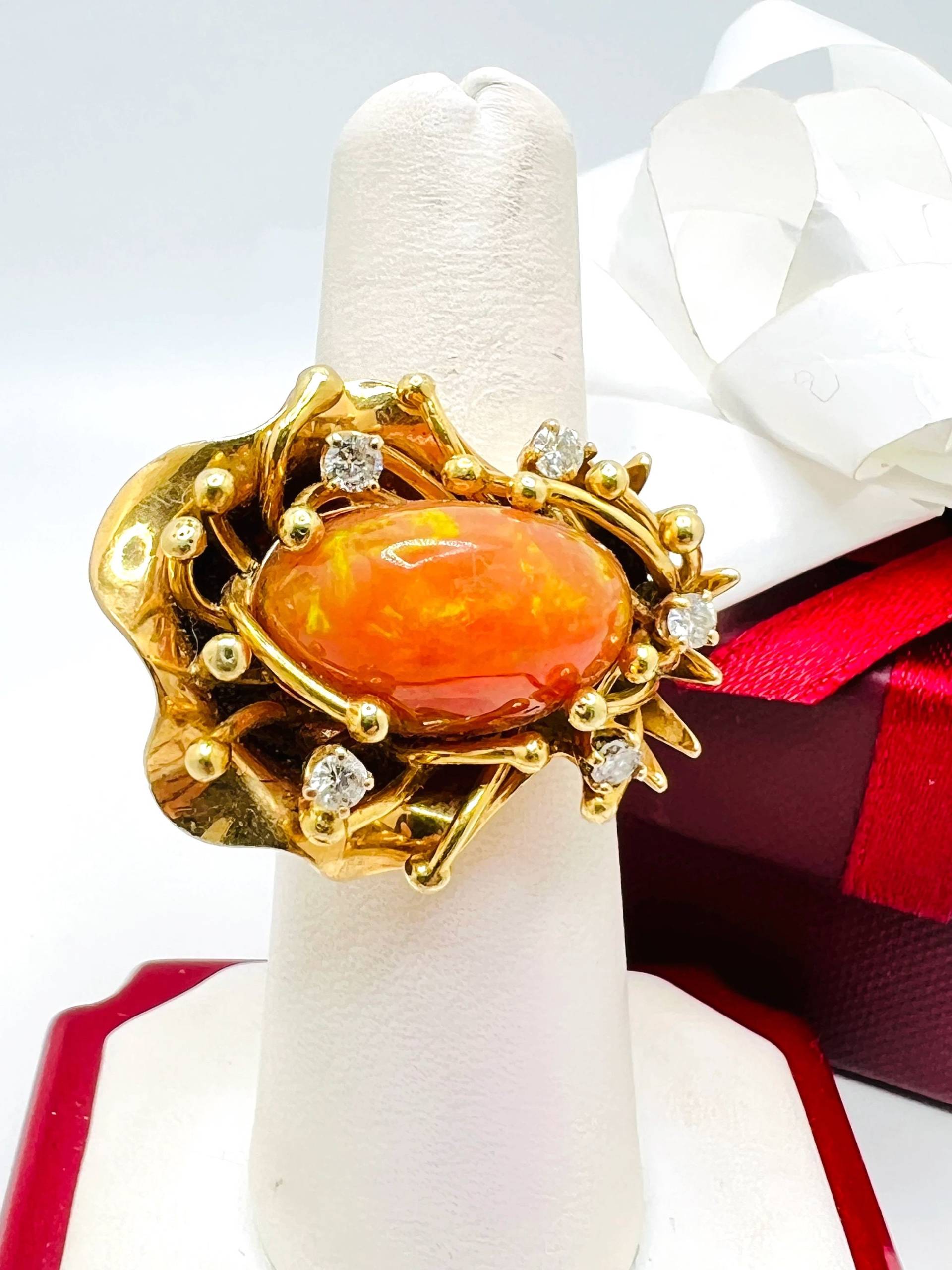 18K Gelbgold Opal Diamant 0.25Ct Blumen Cocktail Ring Größe 6 von ColorCoutureJewels