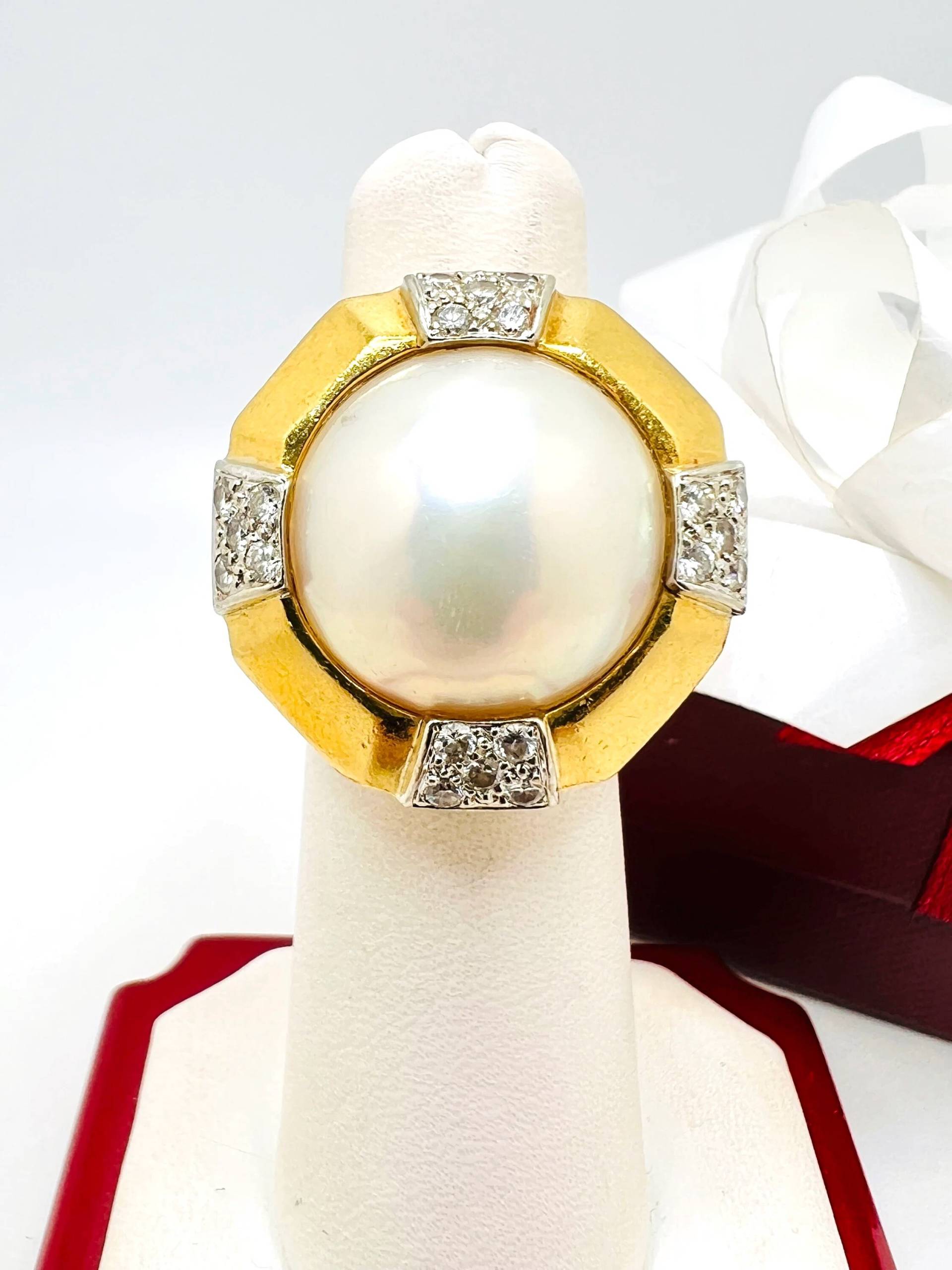 18K Gelbgold Perle Diamant 0.60Ct Ringgröße 5.25 von ColorCoutureJewels