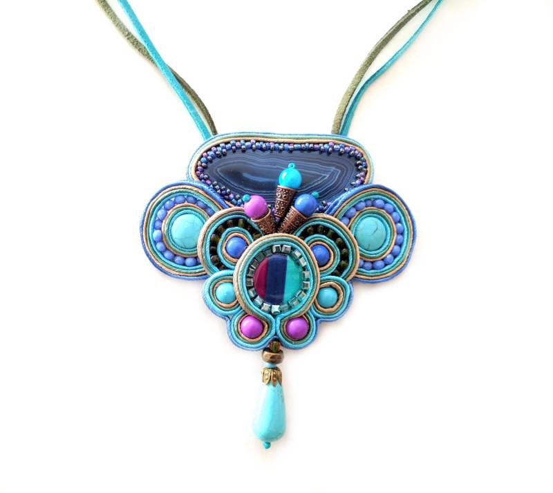 Soutache - Anweisung Halskette Boho Schmuck Chic Chunky Blau von ColorFusionJewelry