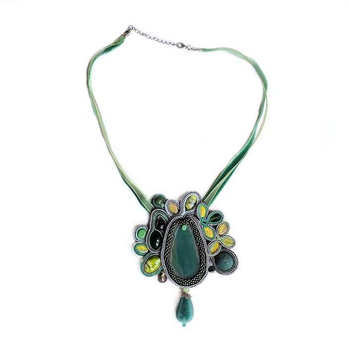 Soutache Halskette - Grüner Achat Chunky Große Schmuck Fett Textil Ungewöhnliche von ColorFusionJewelry
