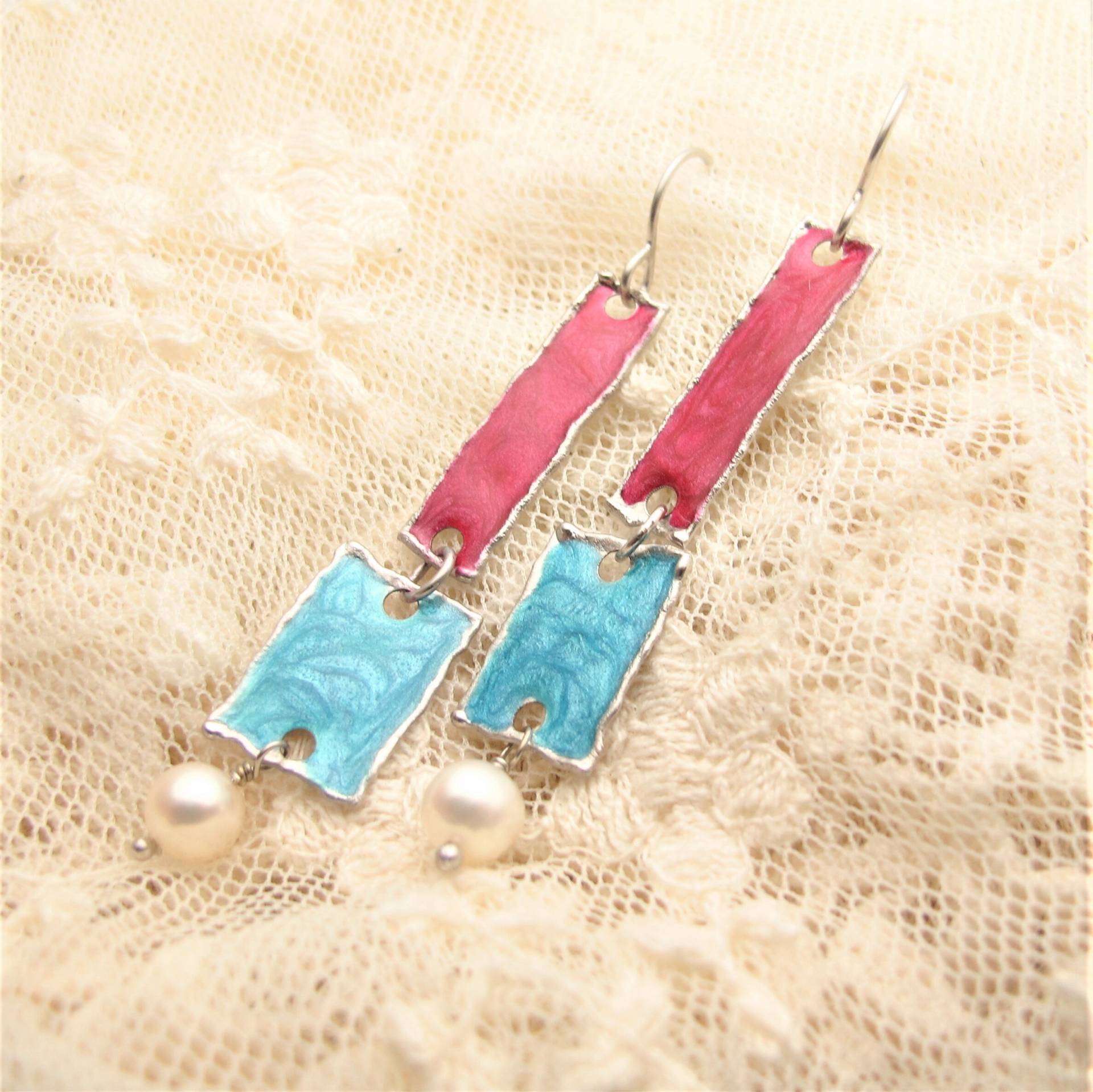 Bemalte Türkis Rosa Emaille Langen Sommer Ohrring, Pastell Blau Ohrringe, Lebendige Frühlingsfarben, Ooak Ohrringe von ColorSwing