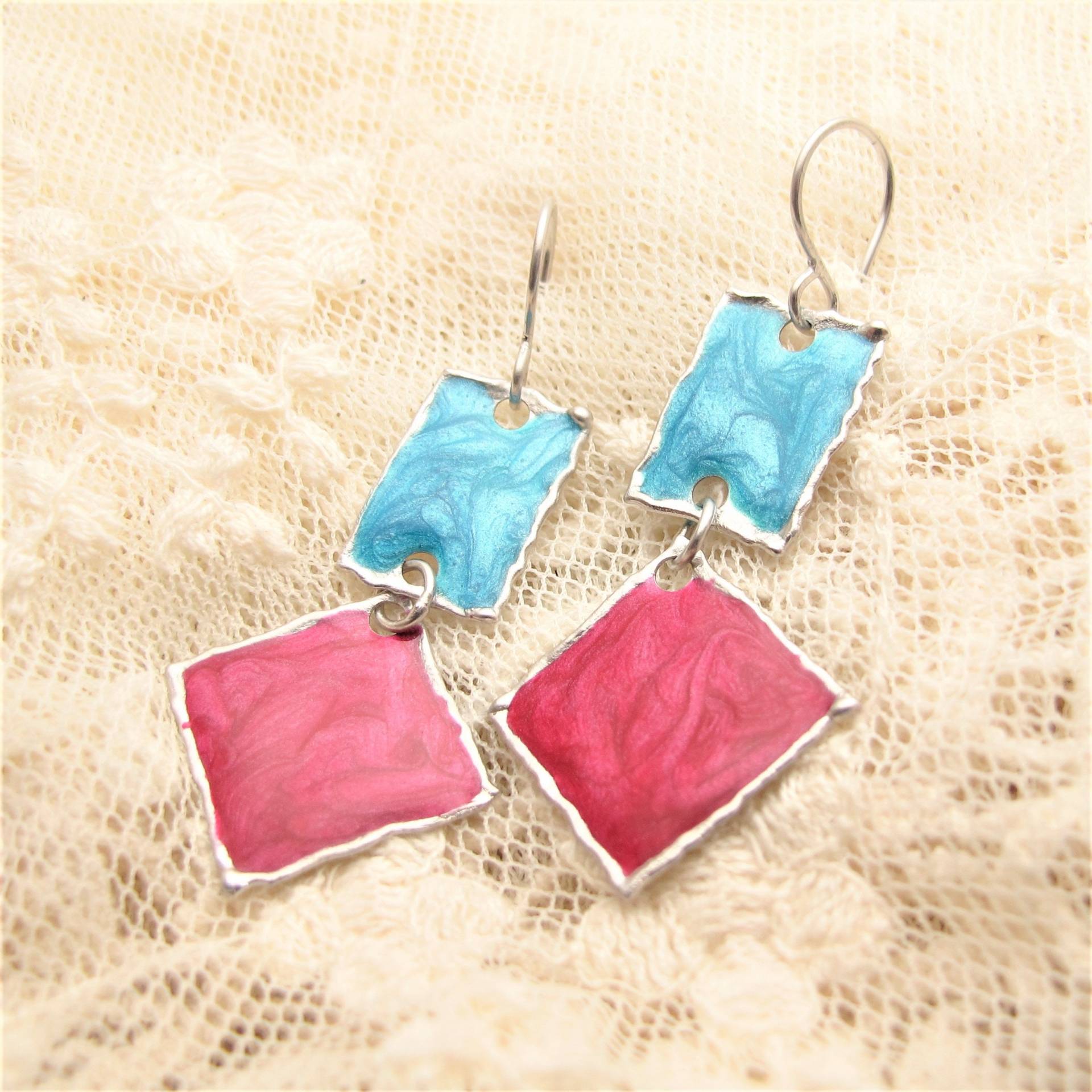 Rote Emaille Türkis Ohrringe Silber von ColorSwing