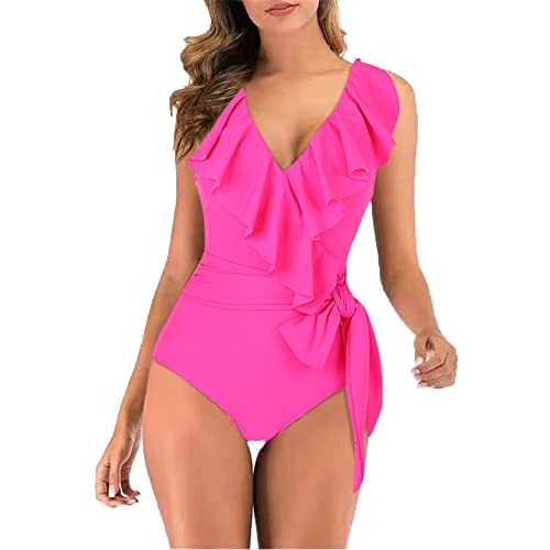Damen Badeanzug Strandmode Einteiler Monokini, Frauen Rüschen V-Ausschnitt einteiliger Badeanzug Chic Bowknot Beachwear Bummy Control Schwimmen Kostüm Badebekleidung Monokinis Badeanzug Schwimmanzug F von ColorYan