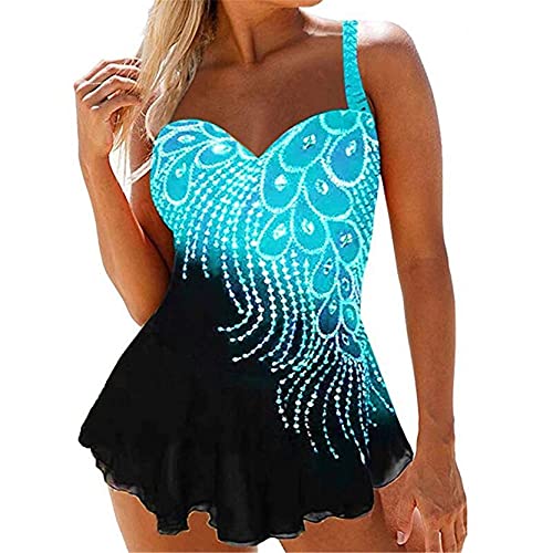 Damen Zweiteilige Bikini Set Geteilter Badeanzug, Frauen 2 Teile Tankini Badeanzug mit Kurz, Pailletten Strass Kristall Feder Drucke Spaghetti Strap Top + Bottom Split Swimwear Set Reizvoller Oberteil von ColorYan