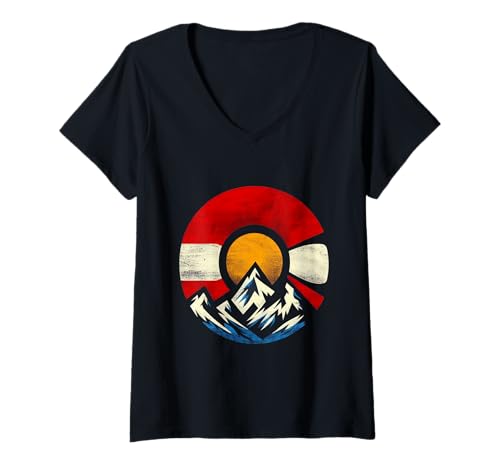 Damen Colorado Flaggen-Symbol – kühne Berge & Sonne Kunstwerk T-Shirt mit V-Ausschnitt Damen Colorado Flaggen-Symbol – kühne Berge & Sonne Kunstwerk T-Shirt mit V-Ausschnitt von Colorado Flag Peaks Apparel