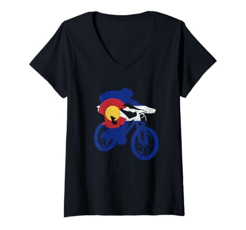 Damen Colorado Mountainbike MTB Flagge Radfahren Mountain Biker T-Shirt mit V-Ausschnitt Damen Colorado Mountainbike MTB Flagge Radfahren Mountain Biker T-Shirt mit V-Ausschnitt von Colorado Mountain Bike Apparel Co.