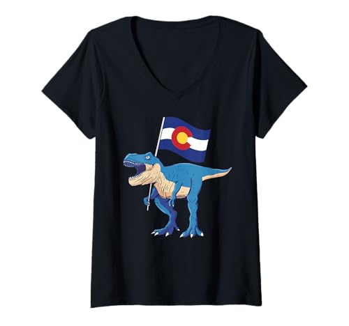 Damen Colorado Dinosaurier T-Rex Denver Flagge Boulder Ski Herren Damen T-Shirt mit V-Ausschnitt Damen Colorado Dinosaurier T-Rex Denver Flagge Boulder Ski Herren Damen T-Shirt mit V-Ausschnitt von Colorado T-Rex