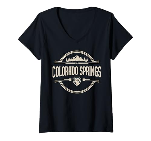 Damen Gestaltung des Stadtbilds der Berge von Colorado Springs T-Shirt mit V-Ausschnitt Damen Gestaltung des Stadtbilds der Berge von Colorado Springs T-Shirt mit V-Ausschnitt von Colorado Urban Mountain Travel Apparel