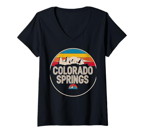 Damen Gestaltung des Stadtbilds der Berge von Colorado Springs T-Shirt mit V-Ausschnitt Damen Gestaltung des Stadtbilds der Berge von Colorado Springs T-Shirt mit V-Ausschnitt von Colorado Urban Mountain Travel Apparel