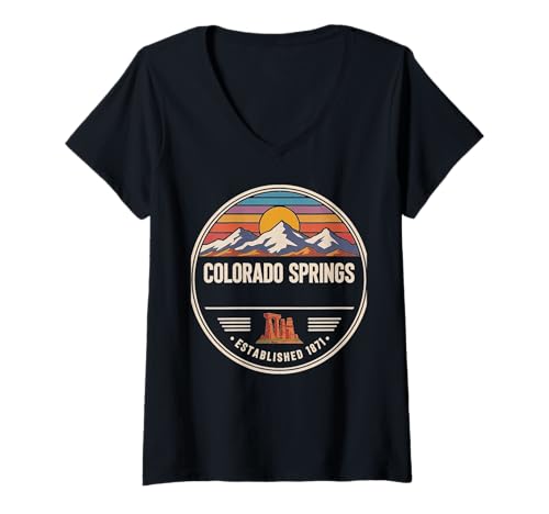 Damen Gestaltung des Stadtbilds der Berge von Colorado Springs T-Shirt mit V-Ausschnitt Damen Gestaltung des Stadtbilds der Berge von Colorado Springs T-Shirt mit V-Ausschnitt von Colorado Urban Mountain Travel Apparel