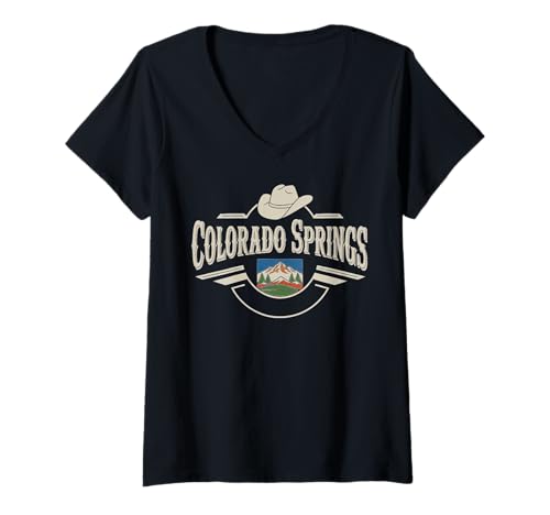 Damen Gestaltung des Stadtbilds der Berge von Colorado Springs T-Shirt mit V-Ausschnitt Damen Gestaltung des Stadtbilds der Berge von Colorado Springs T-Shirt mit V-Ausschnitt von Colorado Urban Mountain Travel Apparel