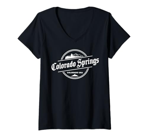 Damen Gestaltung des Stadtbilds der Berge von Colorado Springs T-Shirt mit V-Ausschnitt Damen Gestaltung des Stadtbilds der Berge von Colorado Springs T-Shirt mit V-Ausschnitt von Colorado Urban Mountain Travel Apparel