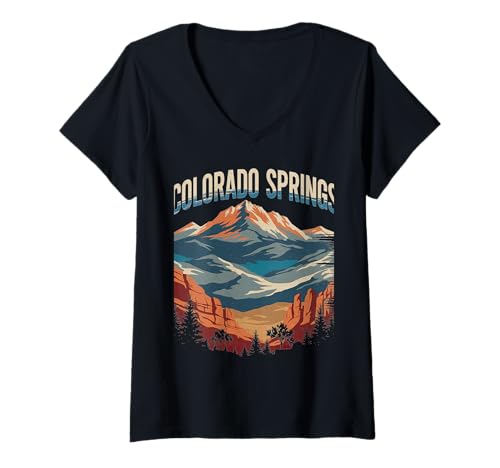 Damen Gestaltung des Stadtbilds der Berge von Colorado Springs T-Shirt mit V-Ausschnitt Damen Gestaltung des Stadtbilds der Berge von Colorado Springs T-Shirt mit V-Ausschnitt von Colorado Urban Mountain Travel Apparel