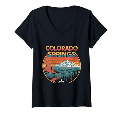 Damen Gestaltung des Stadtbilds der Berge von Colorado Springs T-Shirt mit V-Ausschnitt Damen Gestaltung des Stadtbilds der Berge von Colorado Springs T-Shirt mit V-Ausschnitt von Colorado Urban Mountain Travel Apparel