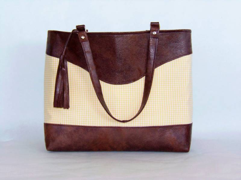 Braune Leder & Gelber Gingham Stoffbeutel Optional Mit Passendem Scherenetui Häkelnadelaufwicklung - Synthetik von ColoradoCraftChic