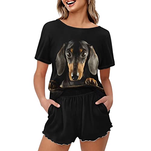 Coloranimal 2-teiliges Damen-Pyjama-Set, kurzärmeliges Oberteil und Hose, Freizeitkleidung, Nachtwäsche, Loungewear, Übergröße, Dackel Hund, L von Coloranimal