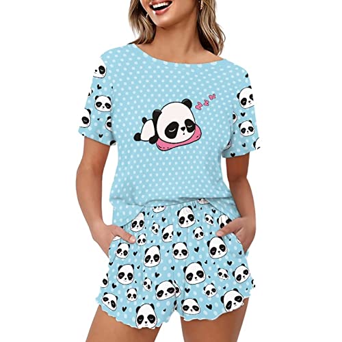 Coloranimal 2 Stück Frauen Pyjama Set Kurzarm Top und Hose Home Casual Kleidung Nachtwäsche Loungewear Plus Größe, Panda, 54 von Coloranimal