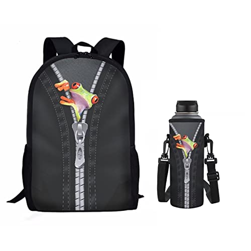 Coloranimal 2-teiliges Schulranzen-Set für Kinder und Jungen, Wasserflaschenhalter, Tasche mit Büchertaschen, Geschenk zum Schulanfang, 3Dfrog, One size von Coloranimal