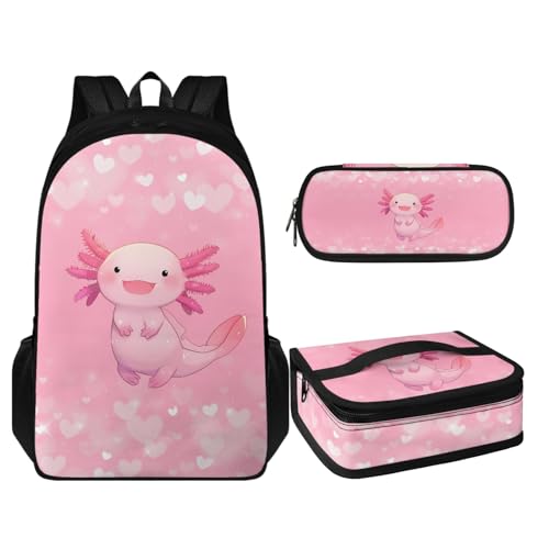 Coloranimal 3-in-1-Rucksack-Set für Kinder, Schultertasche mit warmer Lunchtasche und Stifthalter, Niedliches Axolotl, Schulranzen-Set von Coloranimal