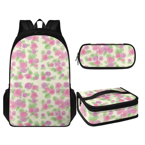 Coloranimal 3-in-1-Rucksack-Set für Kinder, Schultertasche mit warmer Lunchtasche und Stifthalter, Rosenblüte, Schulranzen-Set von Coloranimal