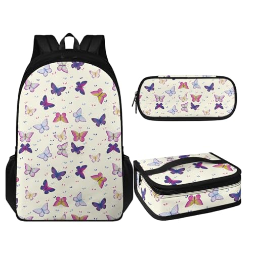Coloranimal 3-in-1-Rucksack-Set für Kinder, Schultertasche mit warmer Lunchtasche und Stifthalter, Schmetterlingsmuster, Schulranzen-Set von Coloranimal