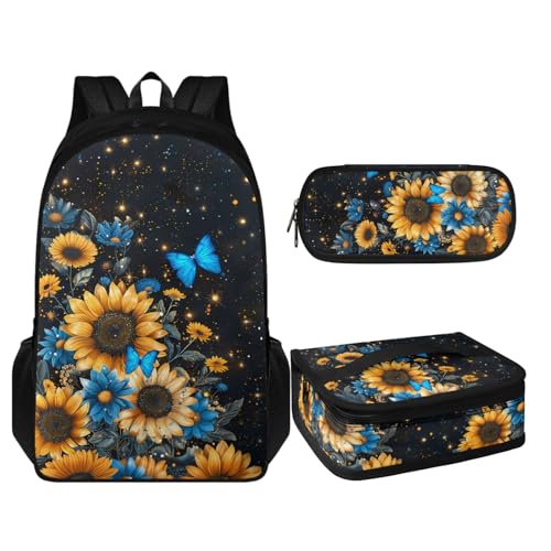 Coloranimal 3-in-1-Rucksack-Set für Kinder, Schultertasche mit warmer Lunchtasche und Stifthalter, Sonnenblumen- und Schmetterlings-Stil, Schulranzen-Set von Coloranimal