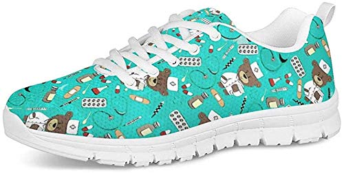 Coloranimal Bequeme atmungsaktive Lauf-Jogging-Flachschuhe für Frauen Mädchen Blue Nurse Pattern rutschfeste Schnür-Sneakers Go Easy Walking Flats EU Größe 39 von Coloranimal