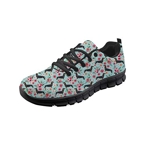 Coloranimal Black Running Walking Schnürschuhe für Frauen Männer Unisex Cool Animal Dackel Hund Blume Design rutschfeste Gummi Schuhe Tennis Flats EU Größe 39 von Coloranimal