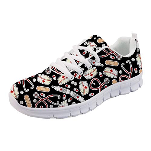 Coloranimal Cute Nurse Love Schwarze Jogger-Schuhe für Damen Atmungsaktiv Bequeme Flats, Nurse Love, 40 EU von Coloranimal