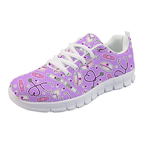 Coloranimal Cute Krankenschwester-Liebhaber-Purpurne Turnschuhe für Damen Laufen Walking Jogger Flats, Nurse Love-1, 39 EU von Coloranimal