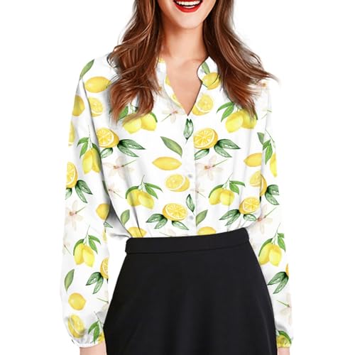 Coloranimal Damen Casual Langarm Shirts Button Up V-Ausschnitt Bluse Tunika Tops Größe S-5XL, Lemon Libelle, Groß von Coloranimal