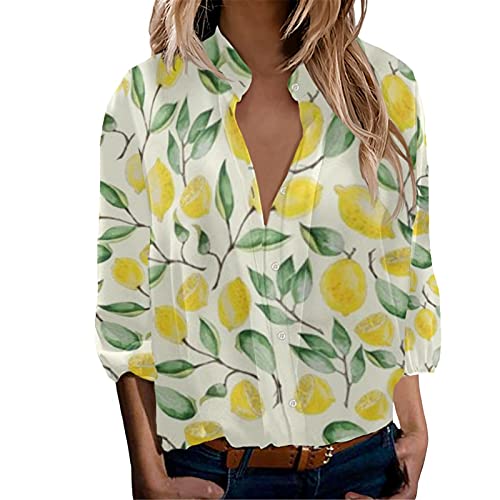 Coloranimal Damen Casual Langarmshirts Knopfleiste V-Ausschnitt Bluse Tunika Tops Größe S-5XL, Gelbe Zitrone., 3X-Groß von Coloranimal