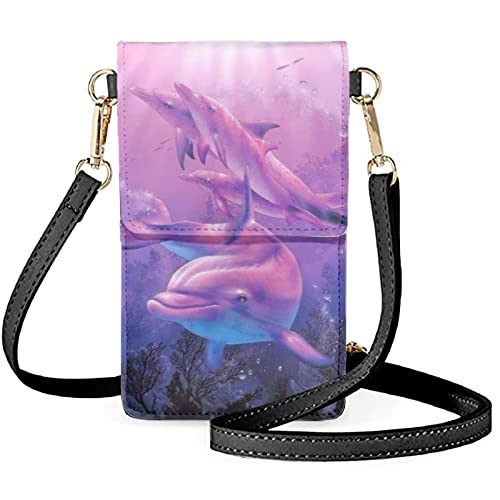 Coloranimal Damen Herren Crossbody Handytasche Touchscreen Handy Schultertasche PU Leder Geldbörse mit Kartenfächern, verstellbarer Schultergurt Handtaschen, Rosa Delfin Ozeantiere von Coloranimal