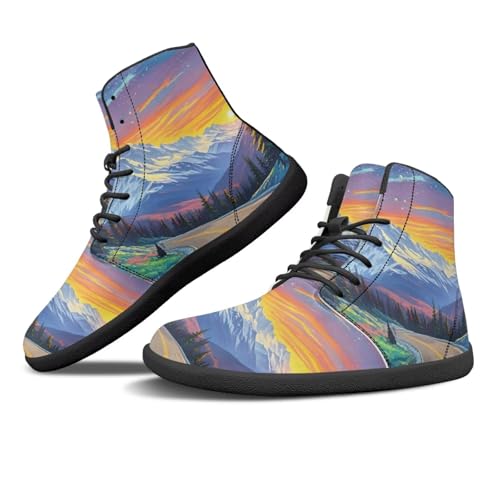 Coloranimal Damen High Top Barfußschuhe Mode Sneakers Breite Zehenbox Schuhe für Frauen Mode Walkingschuhe Schnürschuhe Schwarze Sohle, Sunset Snow Mountain, 40 EU von Coloranimal