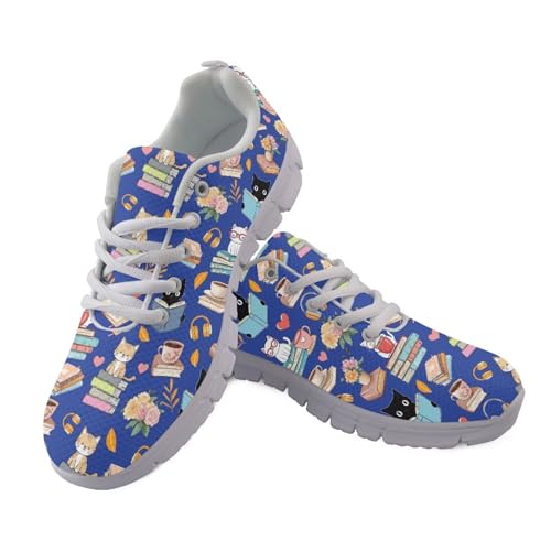 Coloranimal Damen-Turnschuhe, Schnürschuhe, Walkingschuhe, Lauf-Sneaker, Fitness-Sneaker, atmungsaktive Joggingschuhe, Cute Cat and Book Blue, 39 EU von Coloranimal