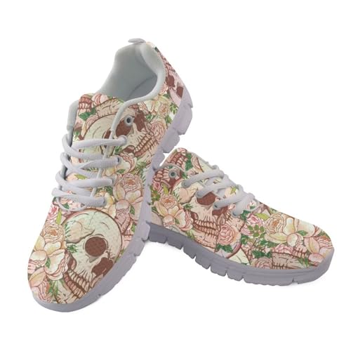 Coloranimal FWomens Trainers Lightweight Lace Up Sneakers Walking Running Shoes Non Slip Fashion Sneakers Sports Footwear, White Rose Skull, 37 EU von Coloranimal