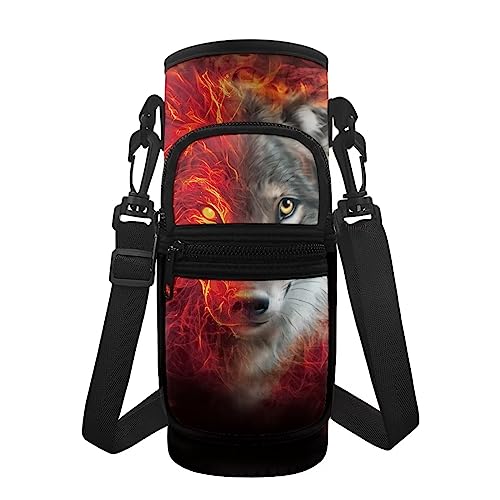 Coloranimal Fire Wolf Jungen Flaschenhalter Tasche Isolierte Wasserflasche Tragetasche mit Tasche und verstellbarem Riemen, Studenten Flasche Sling Bag von Coloranimal