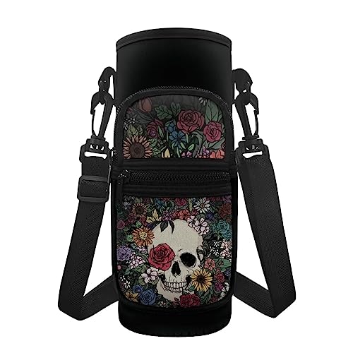 Coloranimal Flaschenhalter-Tasche mit Totenkopf-Blumenmotiv für Damen und Herren, verstellbare Sport-Flaschenträgertasche mit verstellbarem Riemen zum Laufen, Wandern von Coloranimal