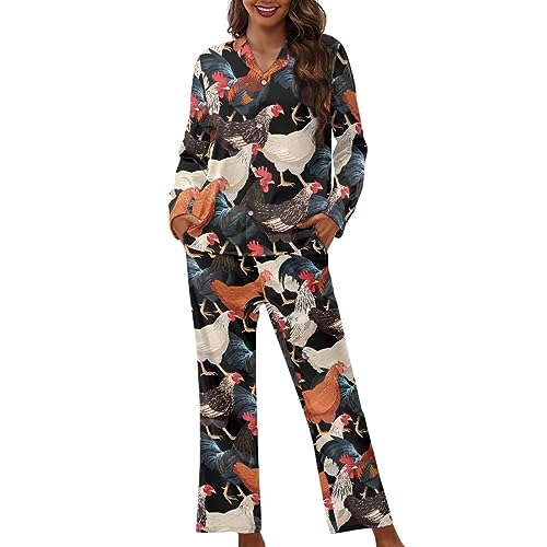Coloranimal Frauen Langarm Button Down Pyjama Set mit Oberteil und Hose Nachtwäsche Lady Loungewear Sets, Huhn, 50 von Coloranimal